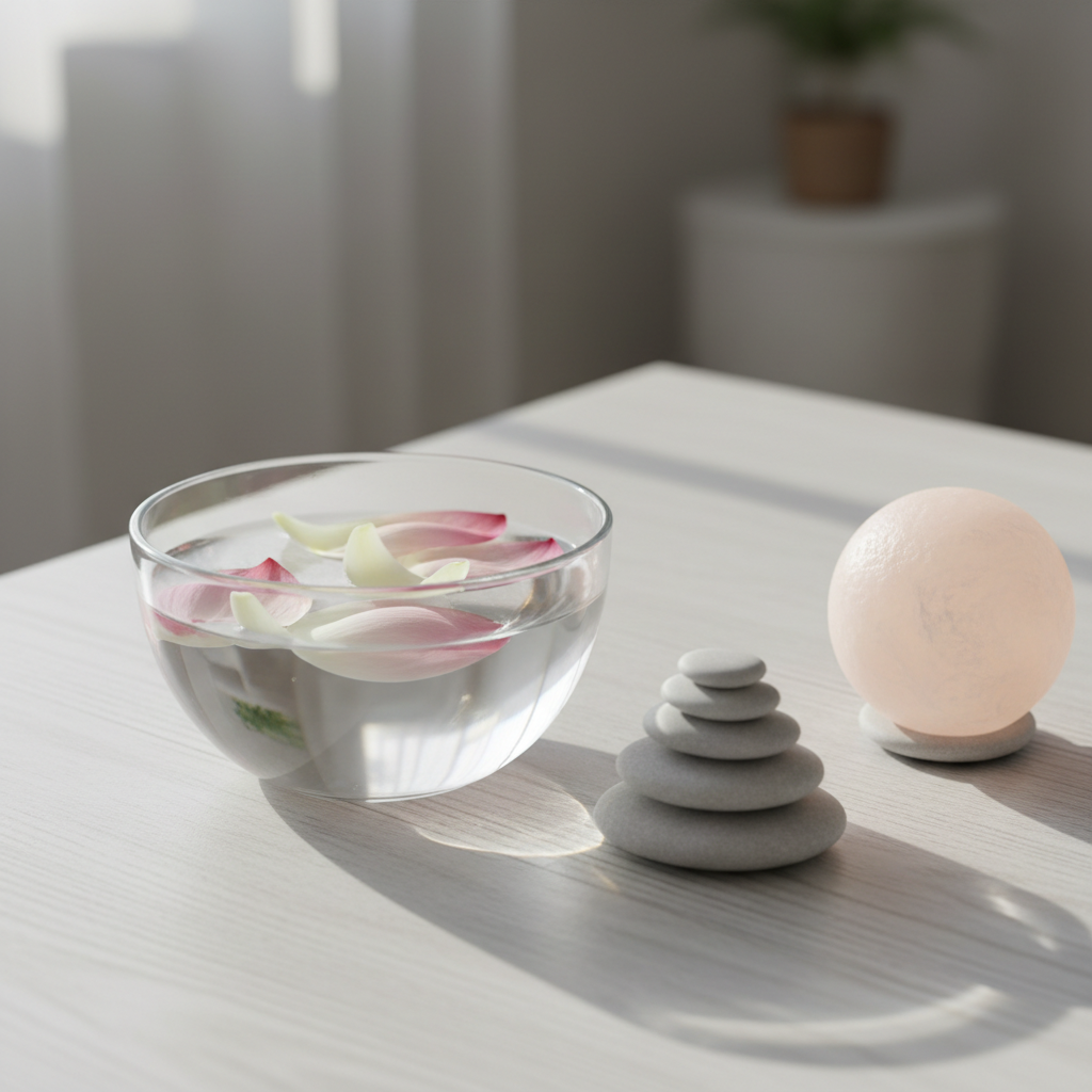 A clear glass bowl filled with pure spring water, in which several floating lotus petals of blush pink and creamy white drift gently. The bowl is set atop a whitewashed wood table next to a neatly stacked selection of polished, light gray pebbles and a softly glowing salt crystal orb. Soft, ambient morning light filters in from the left, illuminating the water's surface and creating gentle, dancing reflections. The scene's composition draws the viewer’s eye diagonally across the elements from lower right to upper left, maintaining a sense of calm continuity. The atmosphere suggests quiet renewal, clarity, and lucid self-care. The visual style is refined, peaceful, and gently minimalist, embodying holistic healing for a professional therapeutic setting.
